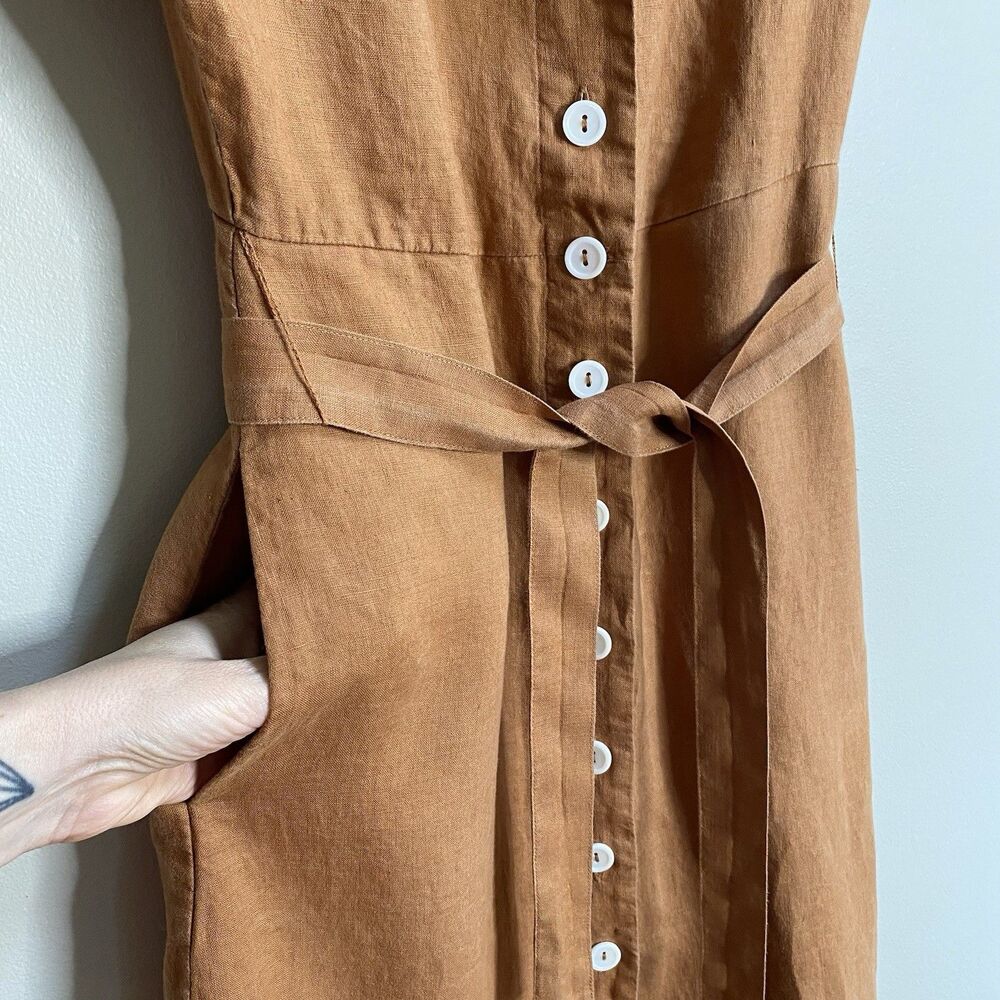 Quince Terracotta 100% European Linen Button Front Belted Midi Dress Size XS - Picture 7 of 14